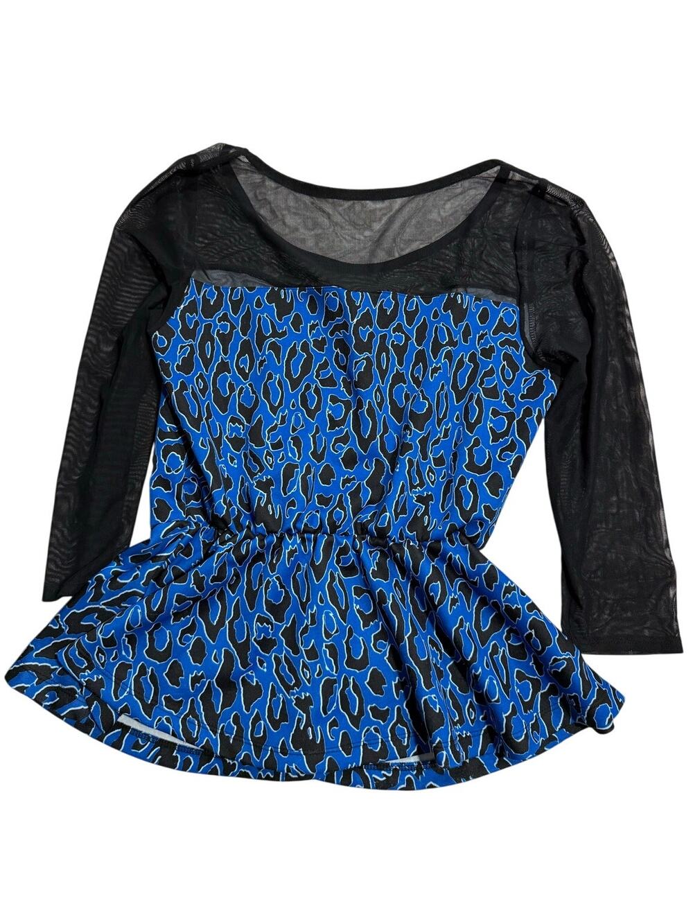 Y2K Blue Cheetah Top Black Mesh Long Sleeve Stretch Blouse Womens Sz L Peplum